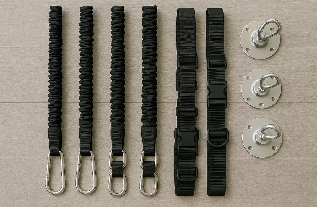 Display of bungee exercise equipment — cords, harnesses, ceiling mounts neatly arranged.