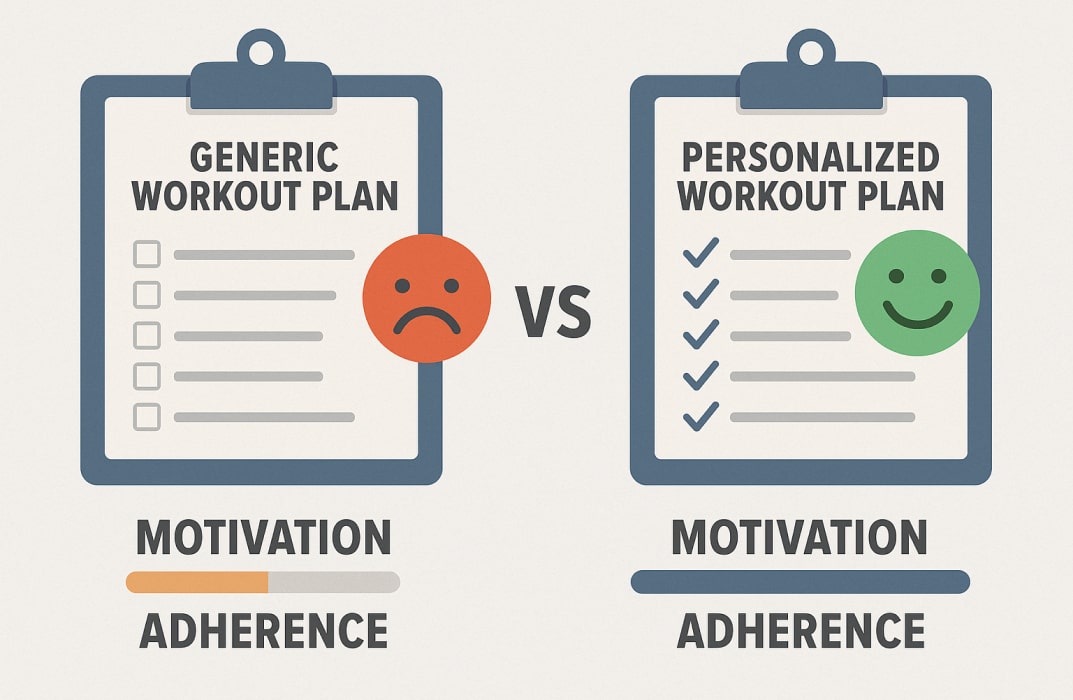 Visual comparison of generic vs. personalized workout plans, highlighting motivation and adherence.