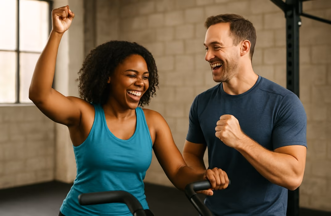 A personal trainer celebrating a small victory with a client mid-workout, highlighting engagement and motivation.