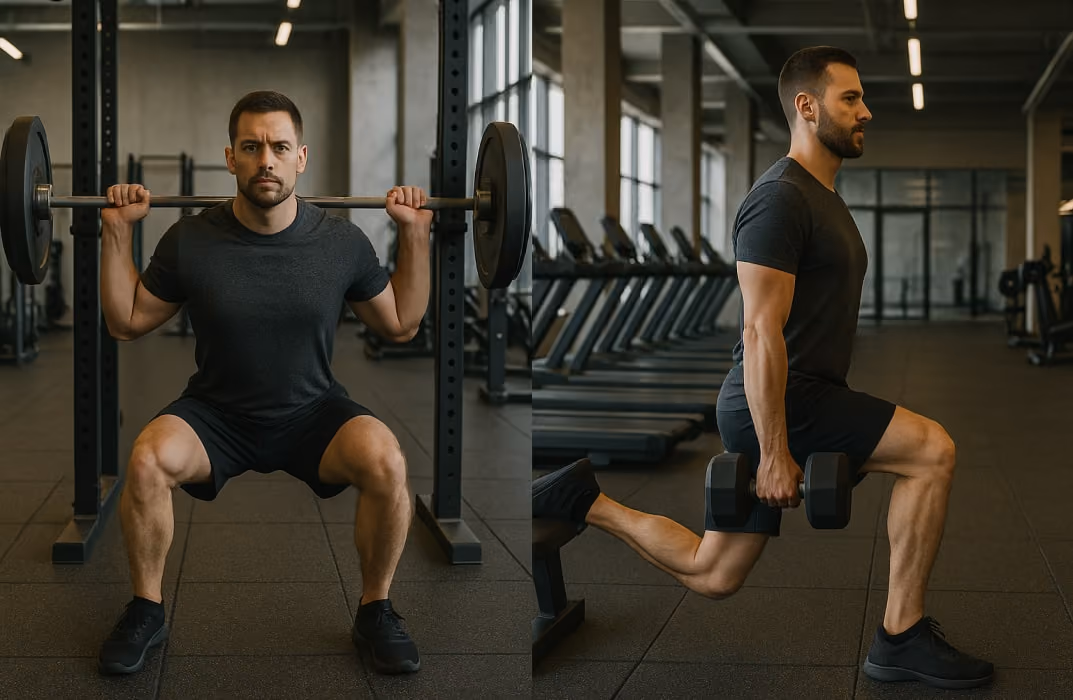 A comparison image showing a barbell squat (symmetrical) vs a Bulgarian split squat (asymmetrical).