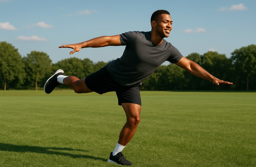 Athlete performing a balanced pose — such as a single-leg balance under natural lighting.