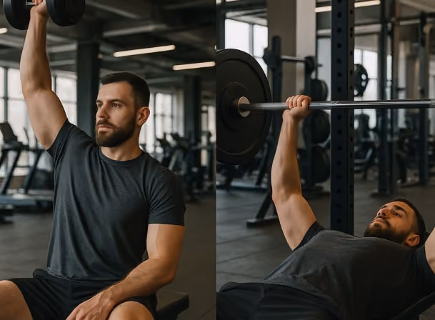 A split image showing an athlete performing a single-arm dumbbell press on one side and a barbell bench press on the other.