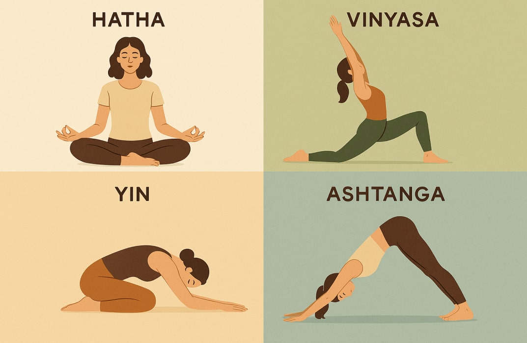 Visual grid showing different yoga styles Hatha, Vinyasa, Yin, and Ashtanga.