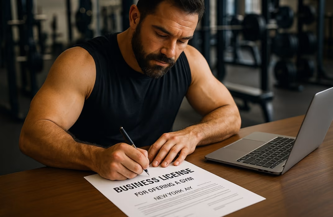 Gym owner signing legal documents with a pen and laptop on desk, business license paperwork for opening a gym in NYC, fitness equipment blurred in background.