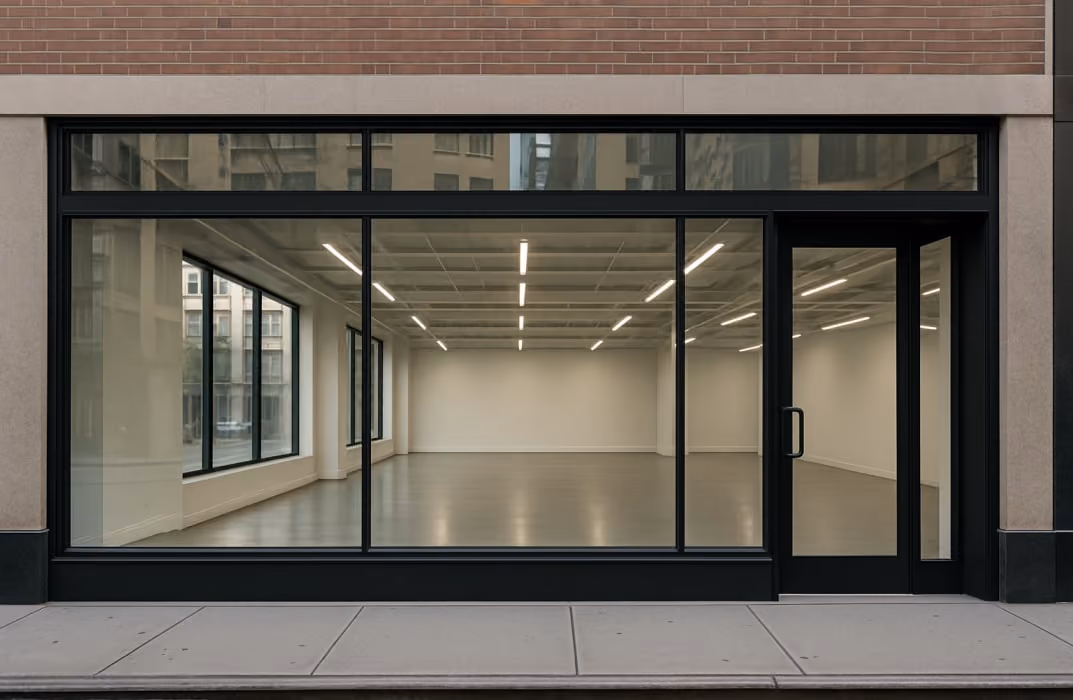 Street-level view of a NYC commercial space — a modern storefront with glass windows that could easily be a gym.