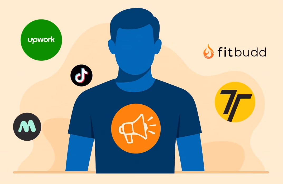 A collage of platform logos (Trainerize, FitBudd, Upwork, Mindbody, TikTok, etc.) arranged around a central trainer figure symbolizing lead generation.