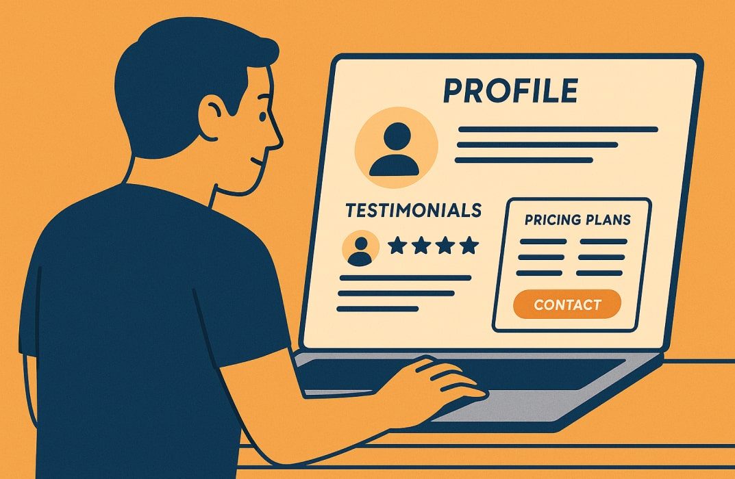 A trainer working on a laptop with an open profile page showing testimonials, pricing plans, and a call-to-action button.