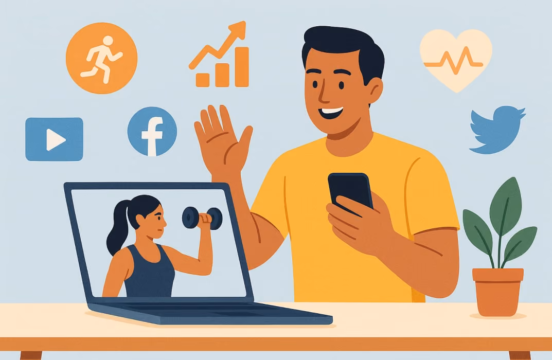 personal trainer coaching clients via laptop and smartphone, surrounded by digital icons of fitness apps, social media, and analytics — representing online platforms helping trainers find clients.