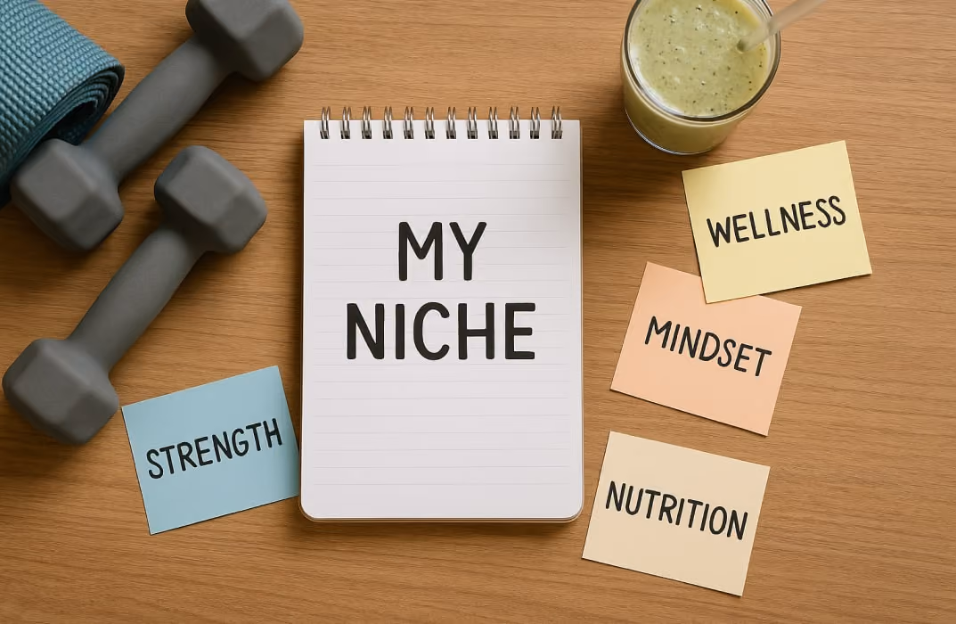 A flat lay of a notepad labeled “My Niche” surrounded by fitness items (yoga mat, dumbbells, smoothie) and sticky notes with words like “Strength,” “Wellness,” “Mindset,” and “Nutrition.”
