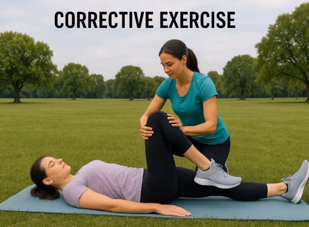 Personal trainer guiding a client through a corrective exercise to fix a movement imbalance