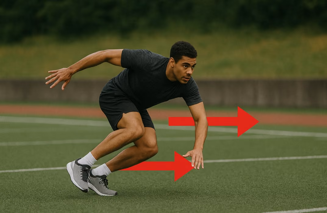 Athlete planting on one foot with the opposite leg driving outward to initiate a cut. Show sharp directional arrows to represent rapid change of direction.