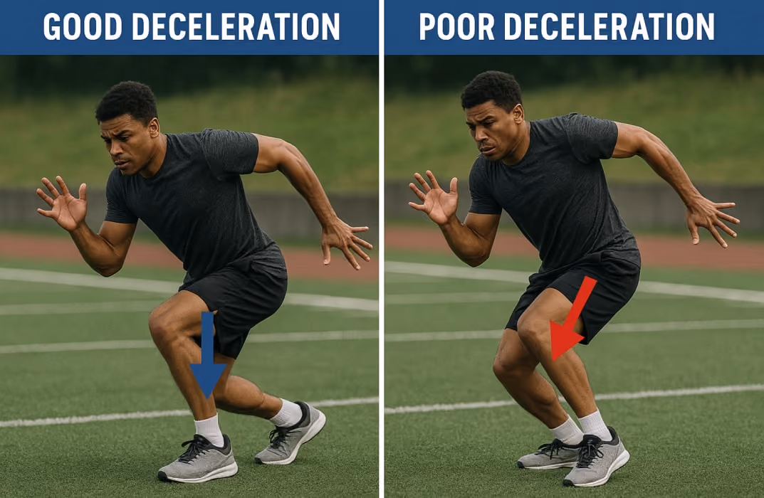 split-screen graphic showing “Good Deceleration vs Poor Deceleration.” Left side: Athlete landing with knees aligned and hips back. Right side: Athlete with knees collapsing inward. Use arrows to show force absorption.