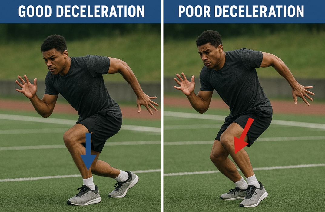 split-screen graphic showing “Good Deceleration vs Poor Deceleration.” Left side: Athlete landing with knees aligned and hips back. Right side: Athlete with knees collapsing inward. Use arrows to show force absorption.