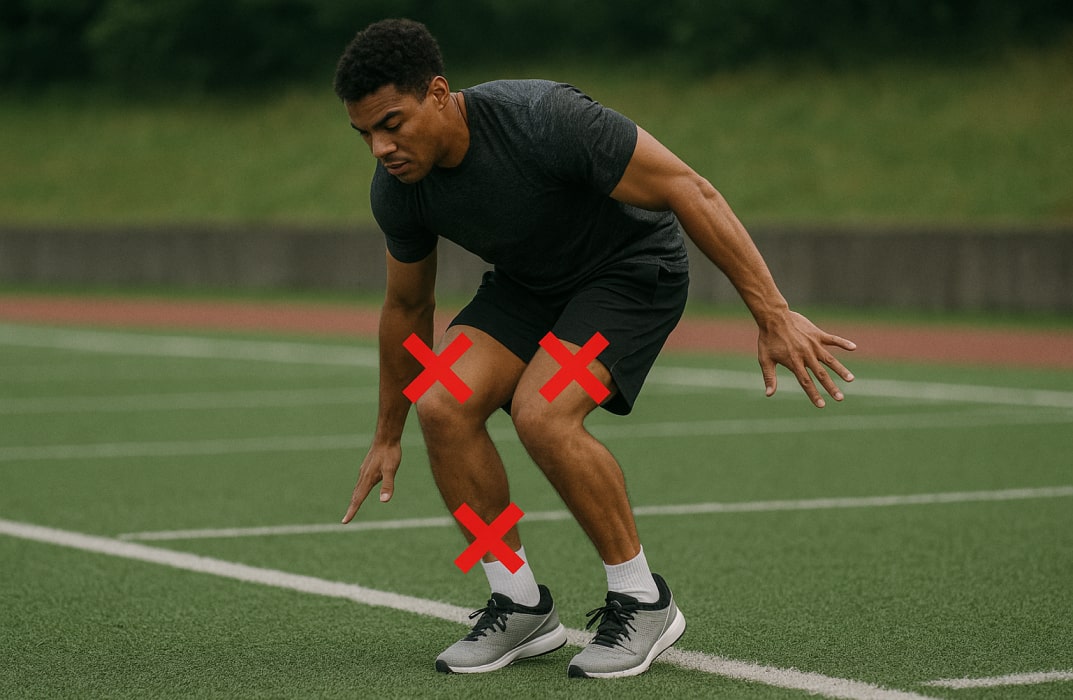 Athlete landing from a jump with clear knee valgus (knees collapsing inward), poor foot placement, and bent torso. Use red “X” markers near errors.