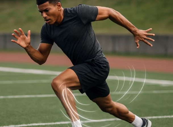 Athlete decelerating during a sprint — demonstrating deceleration training mechanics on a track