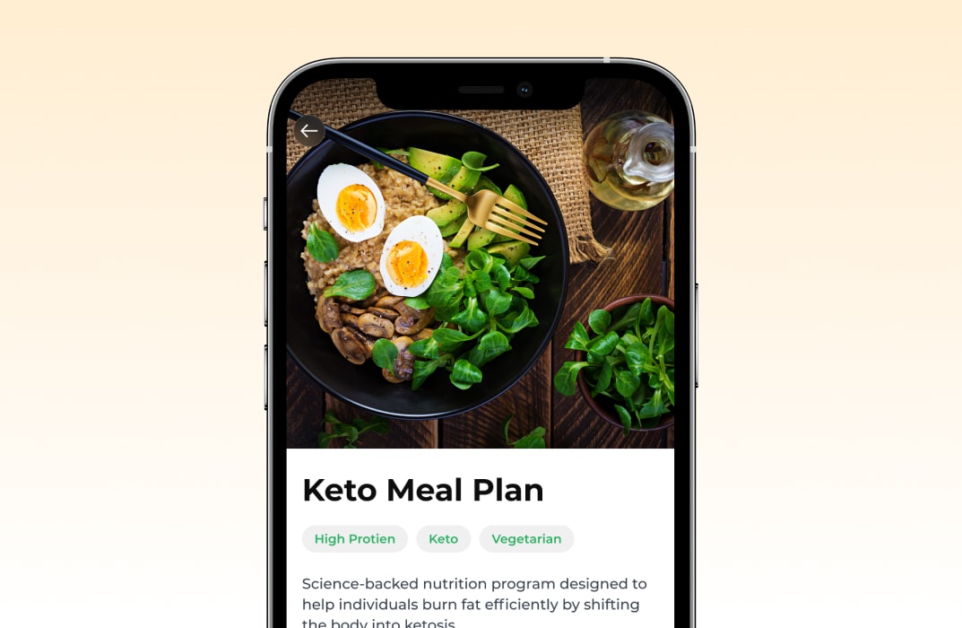 Mobile app showing an online nutritionist selling a subscription-based meal planning and habit tracking course.
