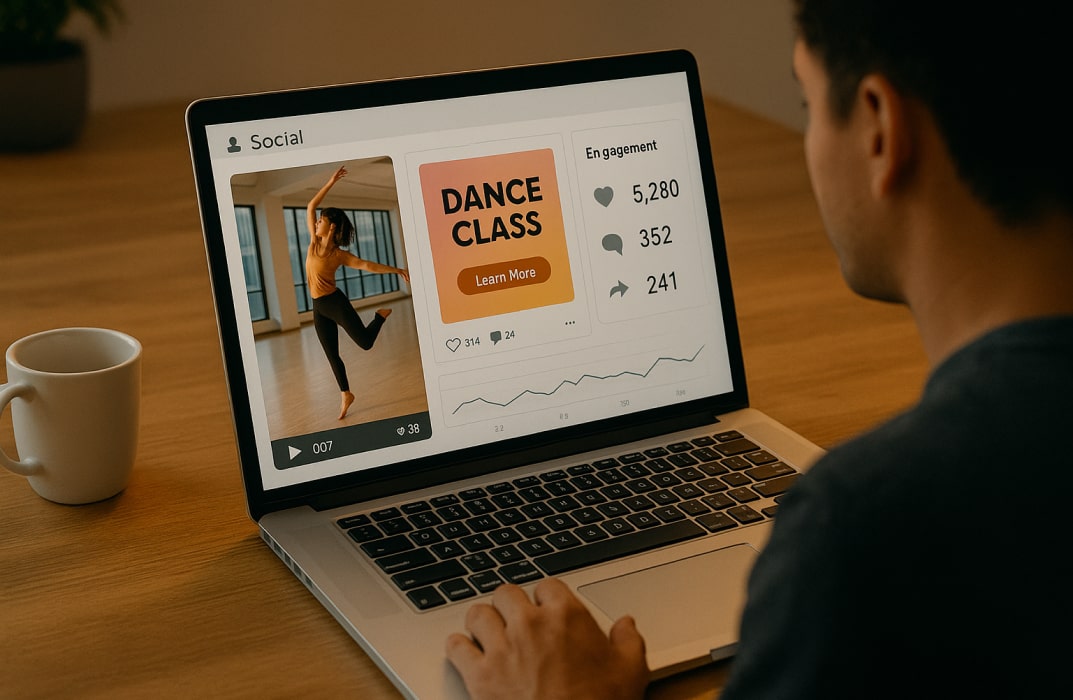 : A digital marketer creating social media content showing dance clips, ad previews, or engagement metrics on a laptop.