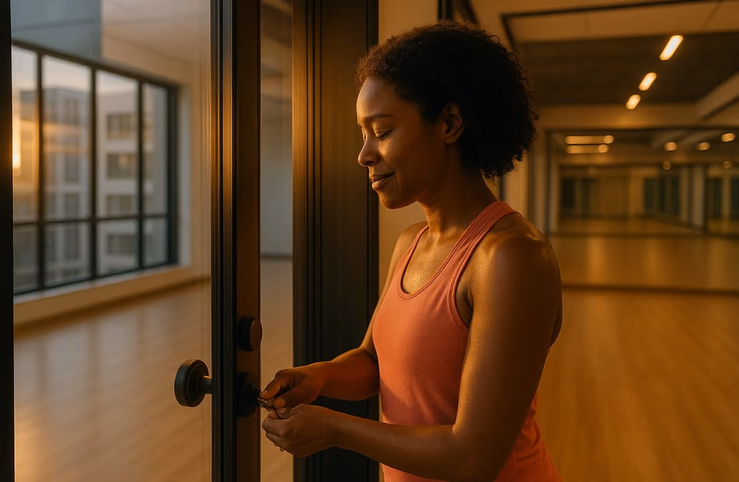 a dancer or instructor locking the studio after class with soft lighting, symbolizing fulfillment, dreams, and success.