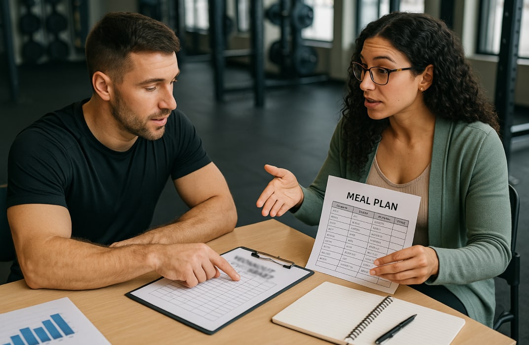 Personal trainer and nutritionist collaborating on a client’s workout and meal plan to align fitness and nutrition goals