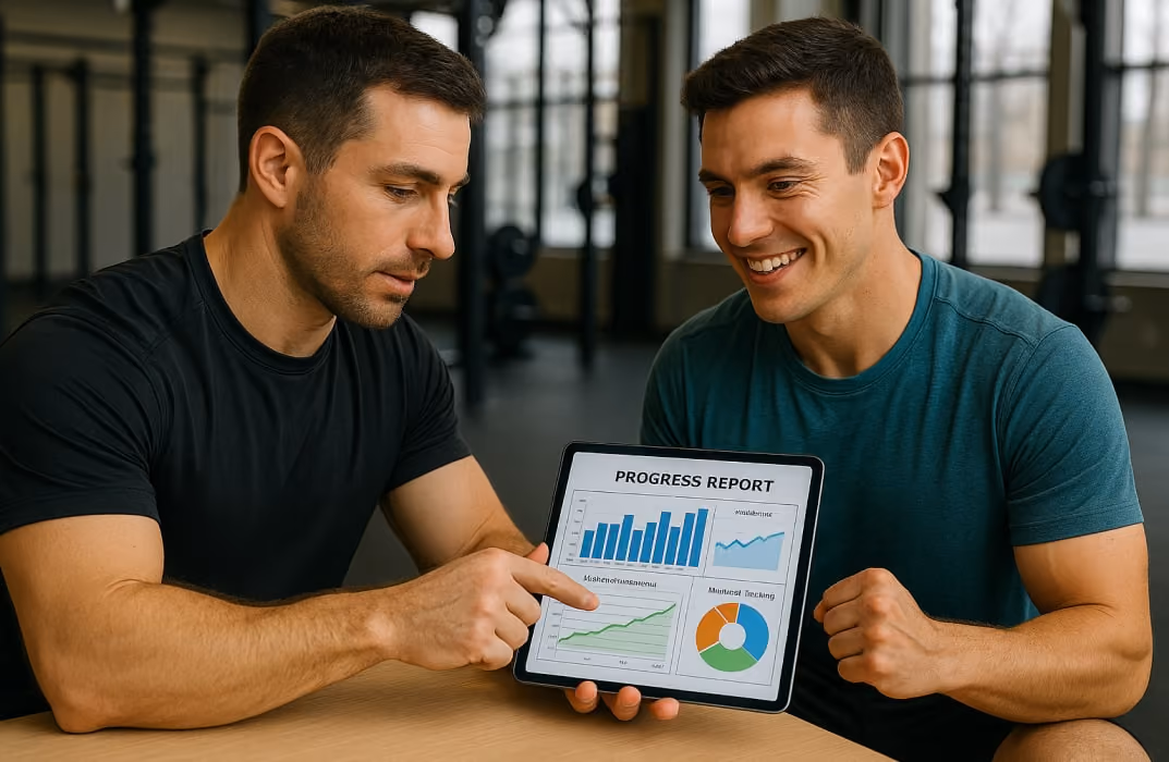 Fitness coach reviewing client progress data on a tablet showing workout stats, weight loss trends, and nutrition tracking