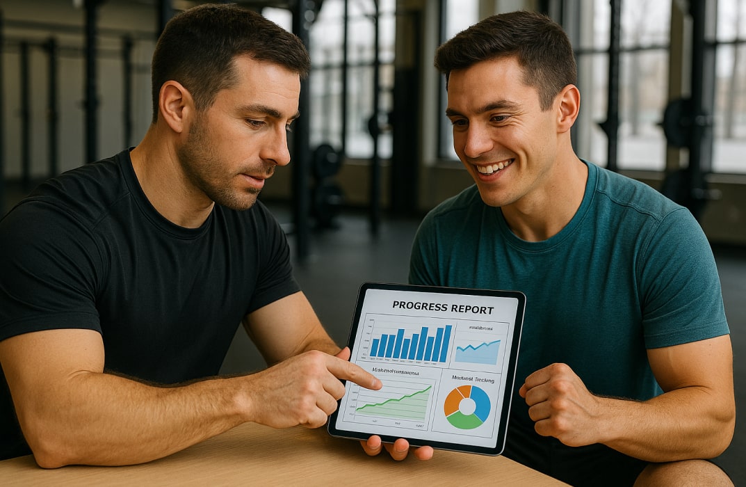 Fitness coach reviewing client progress data on a tablet showing workout stats, weight loss trends, and nutrition tracking