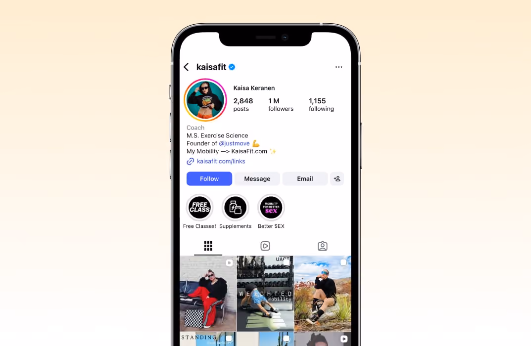 Kaisa Keranen’s Instagram profile, featuring functional training content emphasizing mobility and dynamic full-body movement.