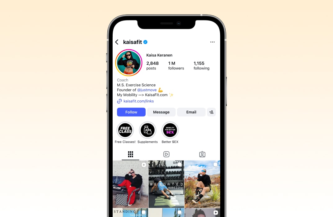 Kaisa Keranen’s Instagram profile, featuring functional training content emphasizing mobility and dynamic full-body movement.