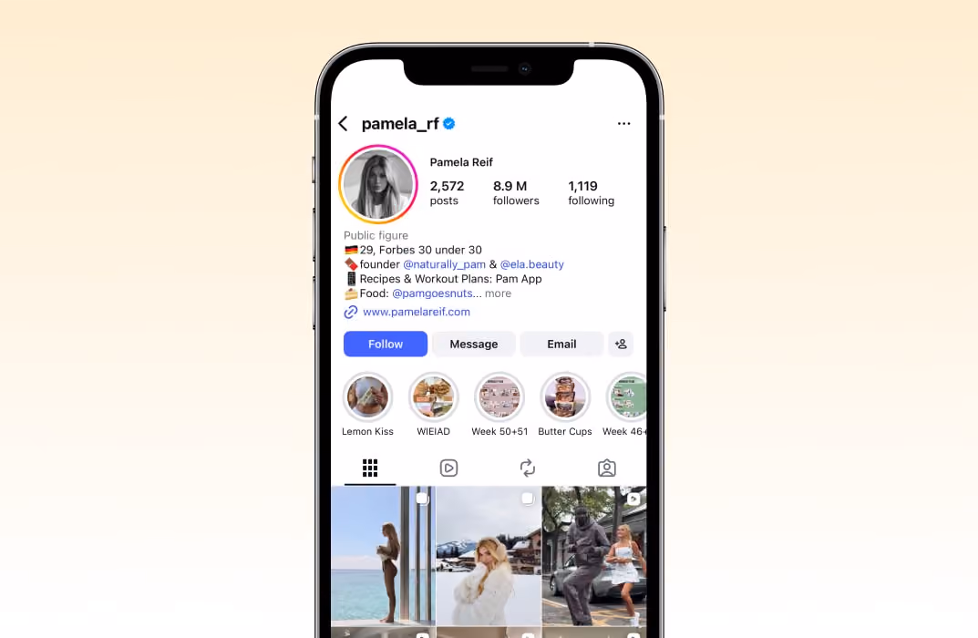 Pamela Reif’s Instagram profile, highlighting her minimalist aesthetic and linking to her high-volume, equipment-free workout programs.