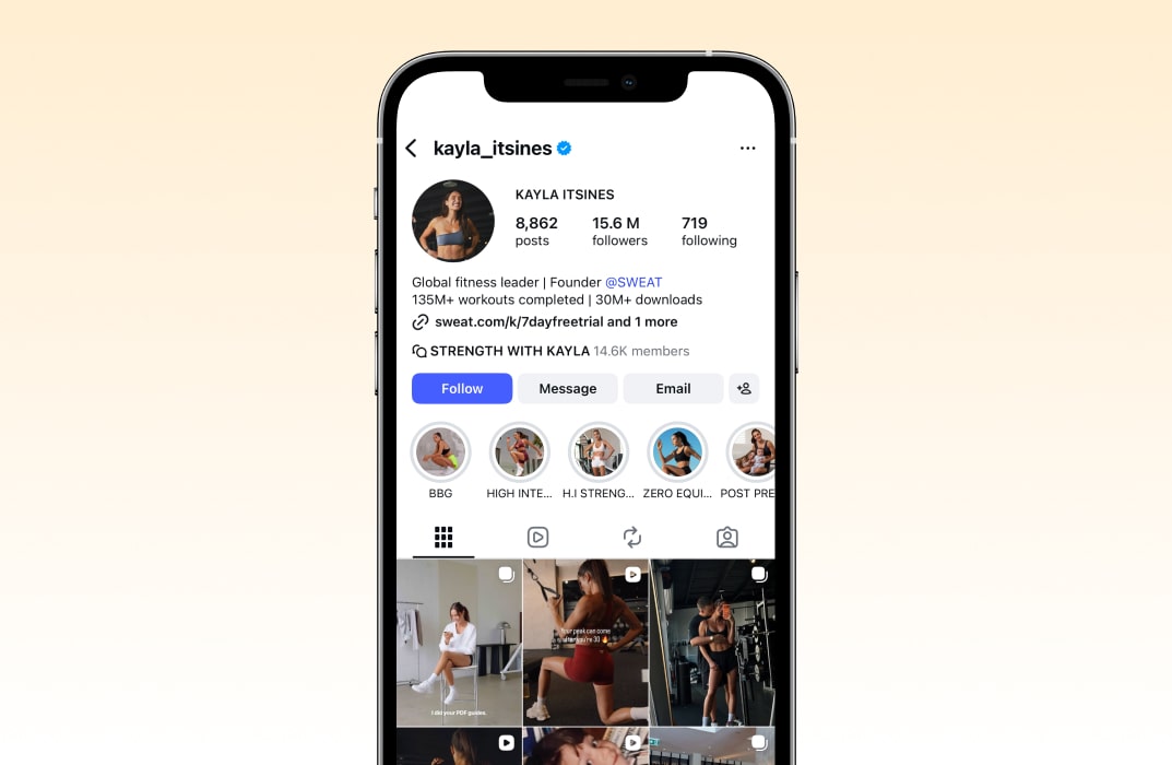 Kayla Itsines’ Instagram profile, emphasizing high-volume client transformation results from the structured Sweat app programs.