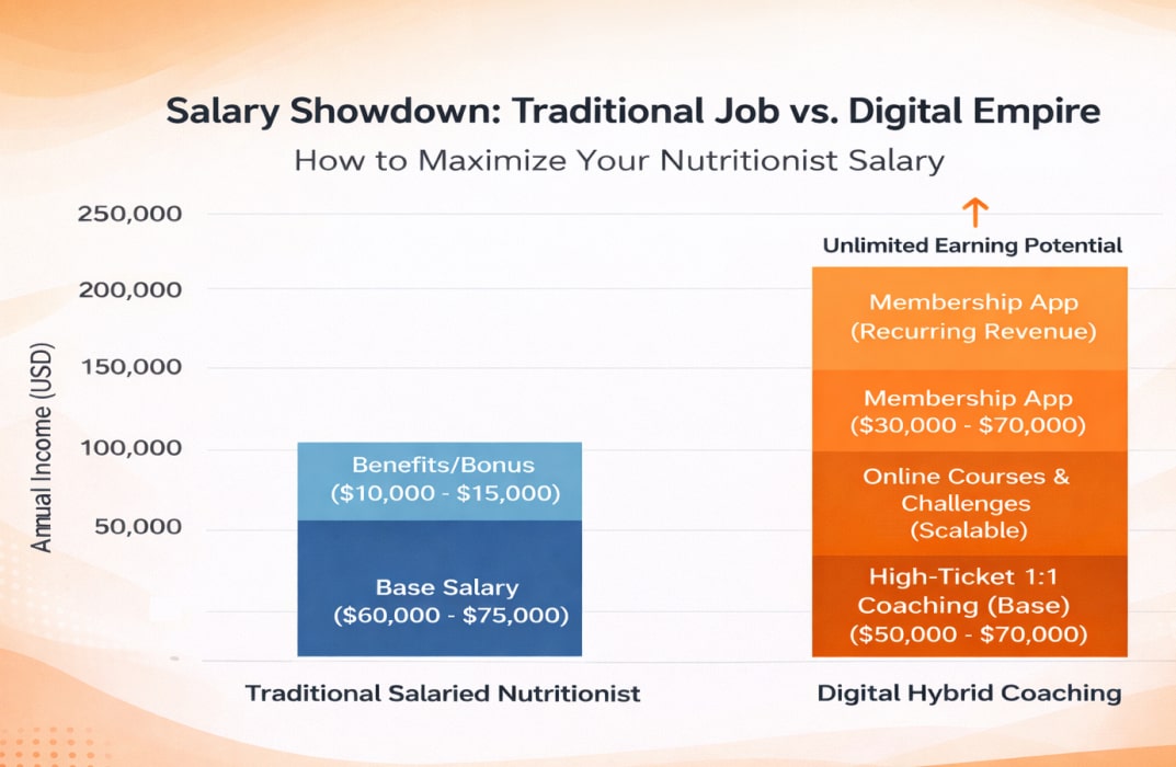 tacked bar chart comparing the average nutritionist salary to potential earnings from a digital hybrid coaching model.