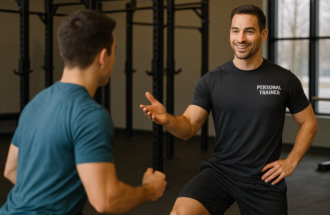 Personal trainer guiding a client in a modern gym, showcasing strong personal brand and professional training approach.