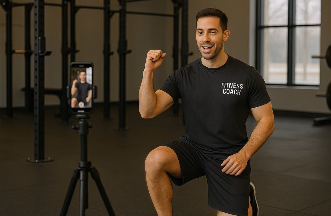 Personal trainer recording fitness content for social media marketing to attract potential clients and boost engagement.