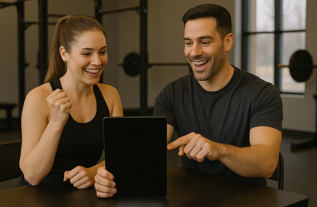 Personal trainer and client reviewing fitness progress and success story after completing personal training sessions.