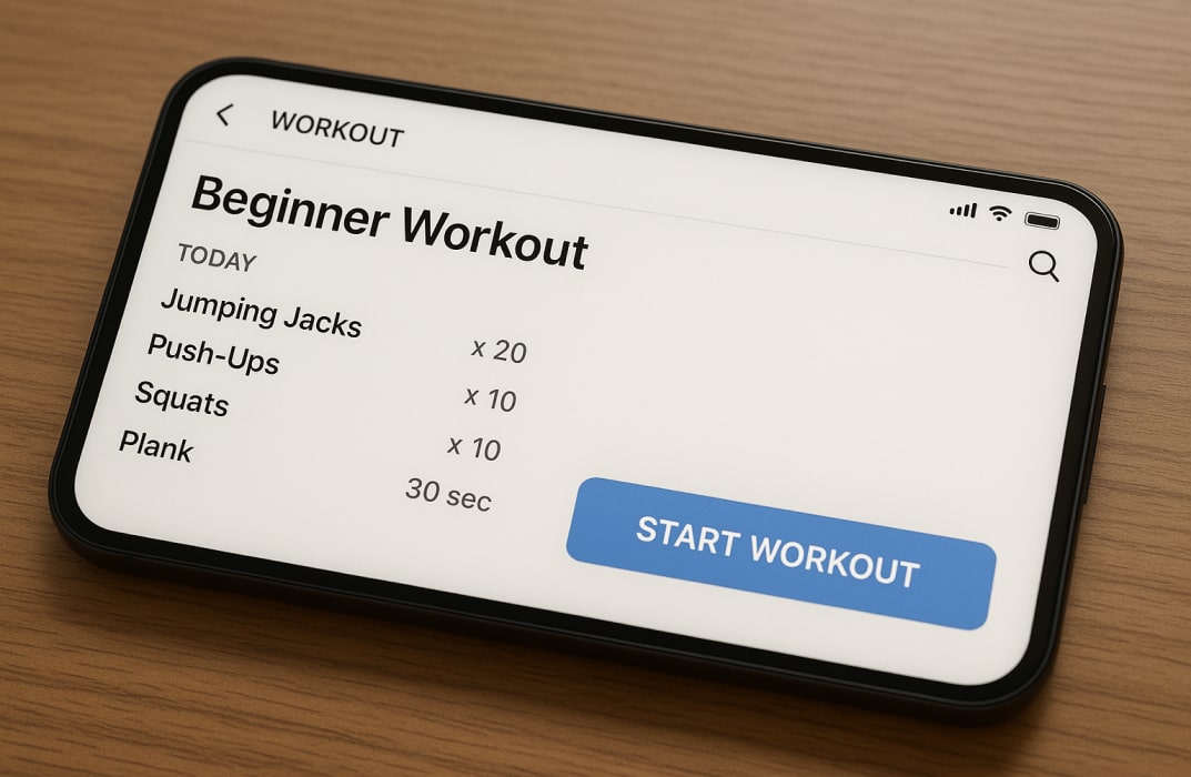 Smartphone screen showing a beginner-friendly workout app interface with simple navigation, clear workout steps, and progress tracking features.