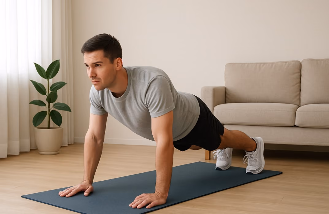 Beginner doing bodyweight exercises on a mat in a small living room space to illustrate how simple and accessible home workouts can be.