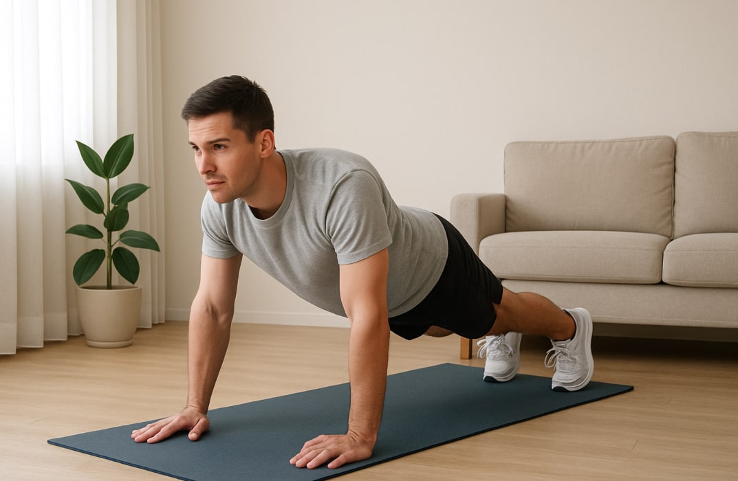 Beginner doing bodyweight exercises on a mat in a small living room space to illustrate how simple and accessible home workouts can be.
