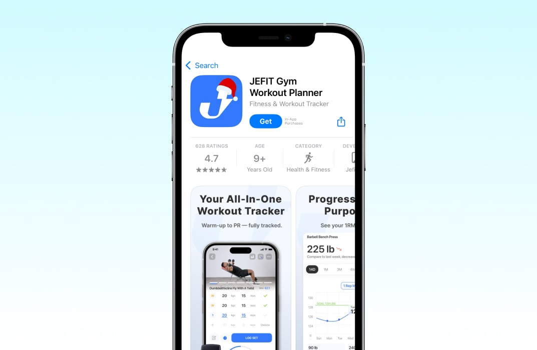 Screenshot of the Jefit app showing exercise library and strength training graphs