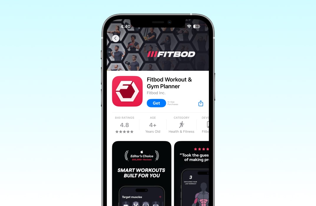 creenshot of the FitBod app interface showing a dynamically generated muscle gain workout based on recovery.