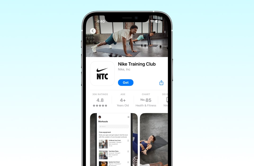 Screenshot of the Nike Training Club app showing a guided video strength training session.