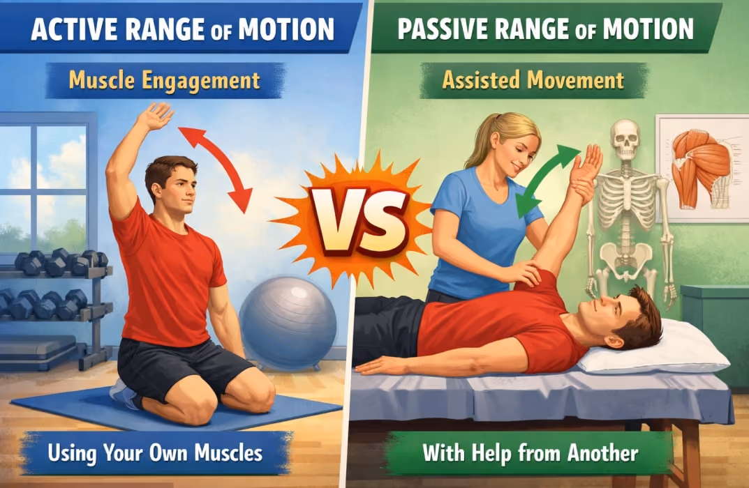 Illustration showing Active Range of Motion (lifting leg without help) versus Passive Range of Motion (using a strap to pull the leg further).