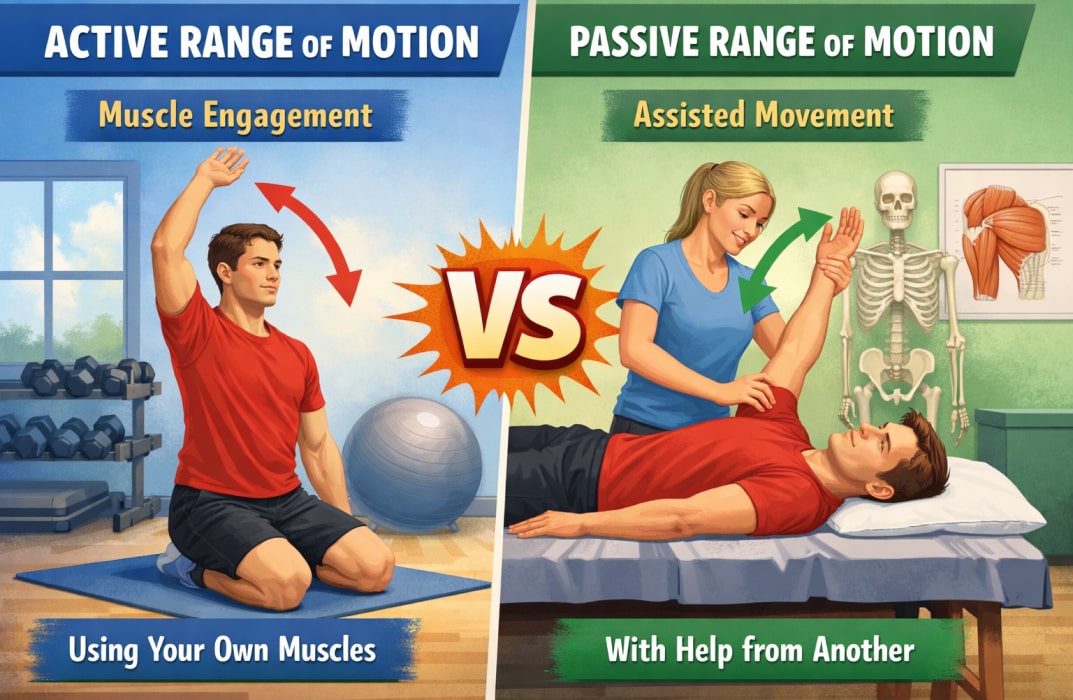  Illustration showing Active Range of Motion (lifting leg without help) versus Passive Range of Motion (using a strap to pull the leg further).