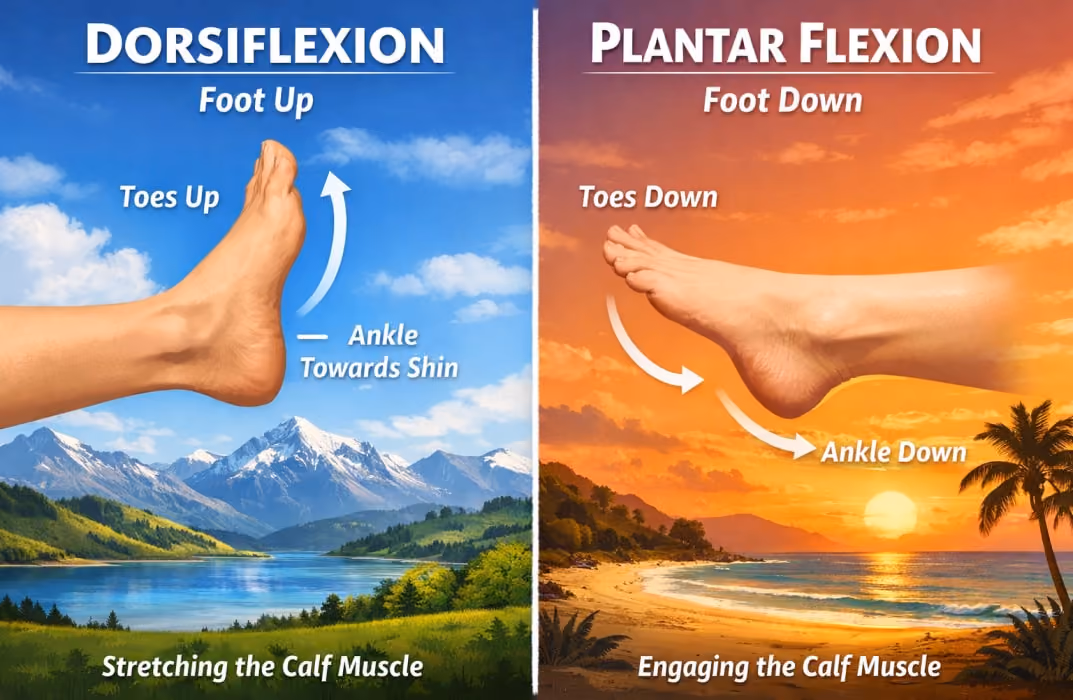 llustration showing the flexion and extension of the ankle: dorsiflexion (foot up) and plantar flexion (foot down).