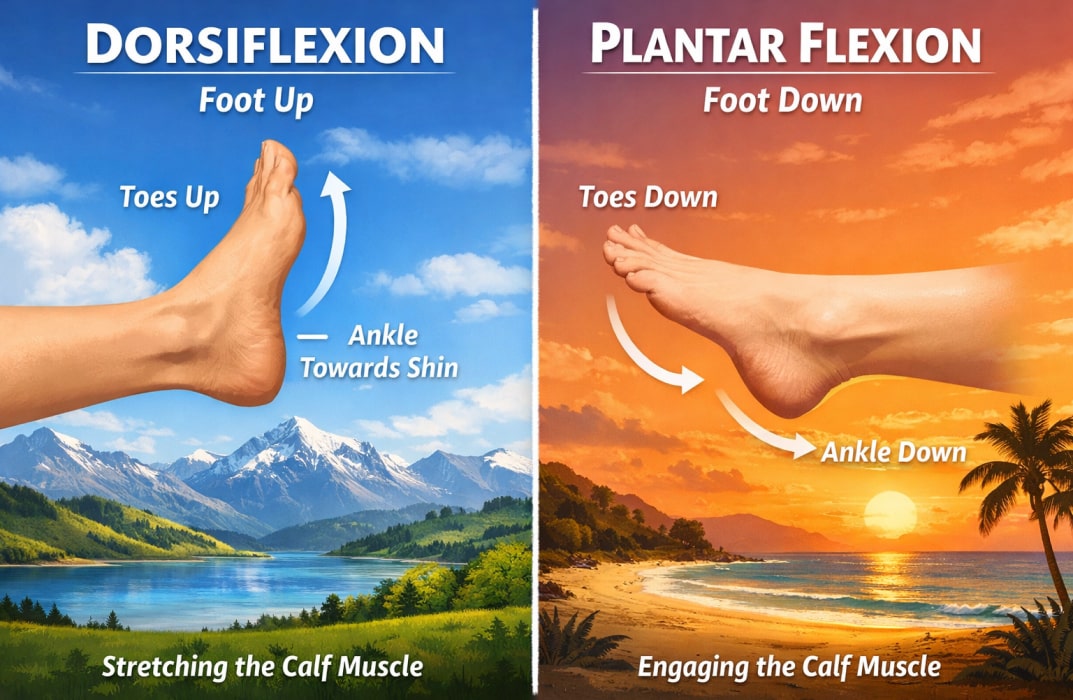 llustration showing the flexion and extension of the ankle: dorsiflexion (foot up) and plantar flexion (foot down).