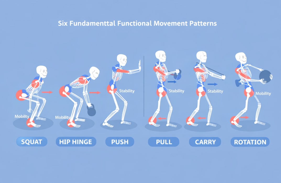 Schematic diagram showing the six foundational functional ability movements: the squat (lower body bilateral), the hinge (posterior chain), the push, the pull (upper body), the carry (stability), and the rotation (anti-rotation).
