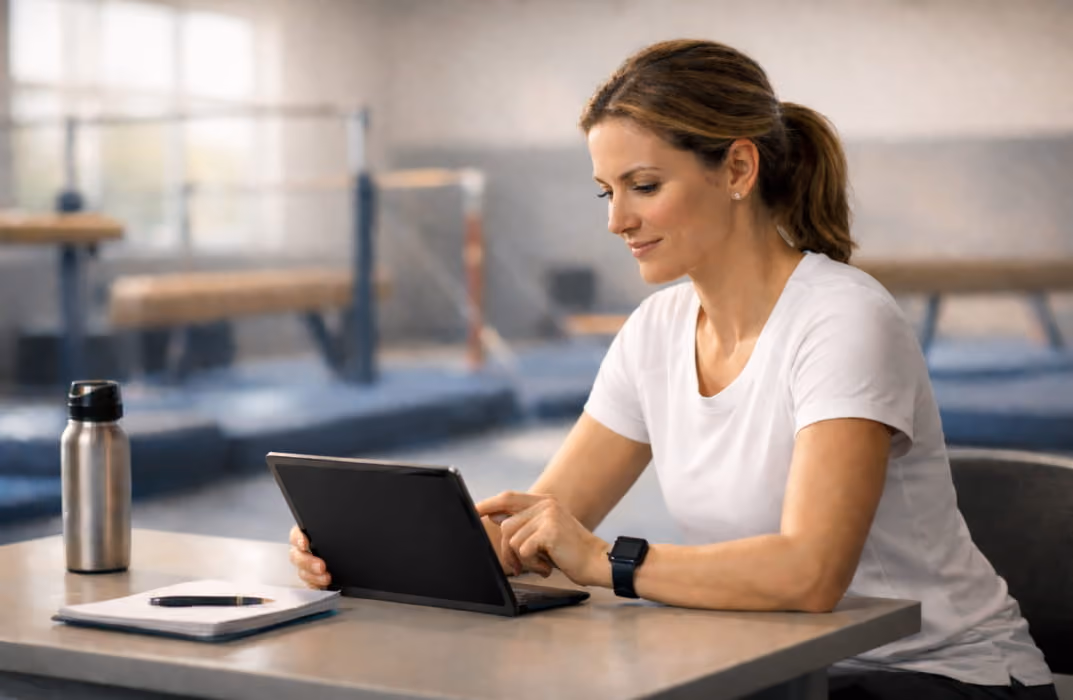 A gymnastics studio owner or coach — female, mid-30s, athletic wear — sitting at a desk with a tablet open showing a class schedule dashboard. The environment is a real gymnastics studio: mats, bars, and balance beams visible in the background. She looks in control, focused, not stressed. Natural light. Not a stock-photo-stiff pose.