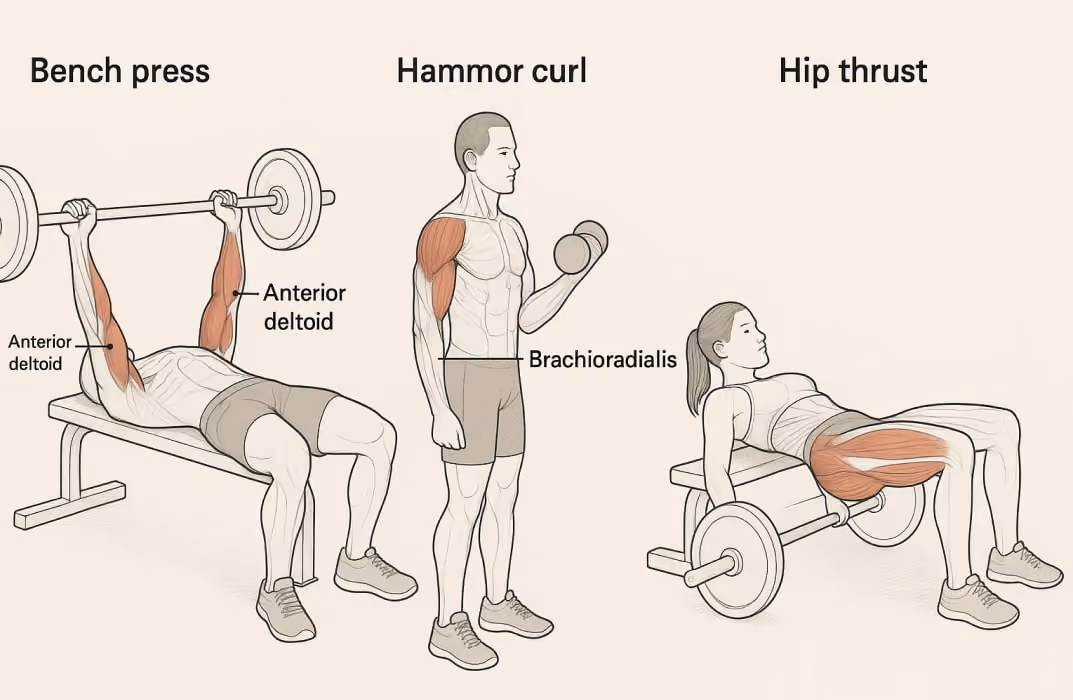 An illustration showing a person performing a squat, with muscles labeled to indicate their roles.