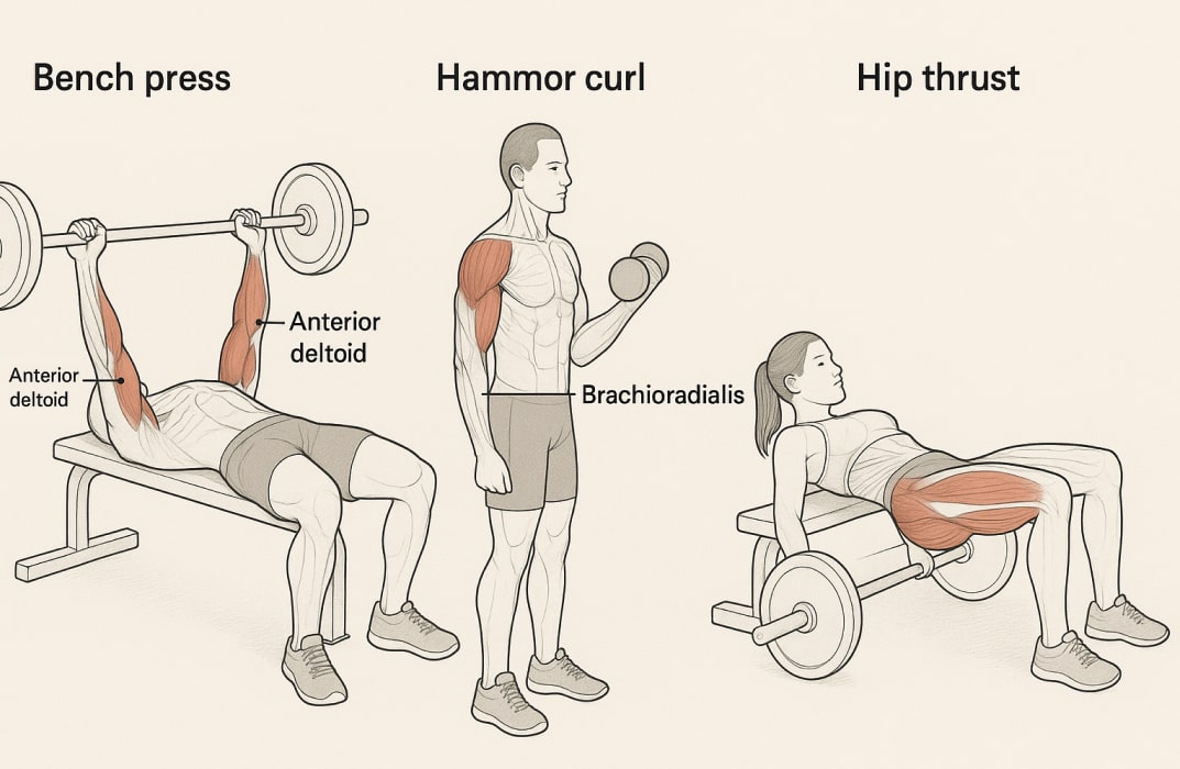 An illustration showing a person performing a squat, with muscles labeled to indicate their roles.