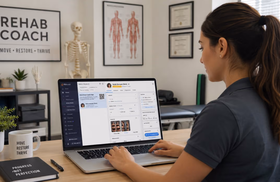 A rehab coach messaging a client through FitBudd's in-app communication tool, with the client's compliance data and completed exercise log visible on screen beside the chat window
