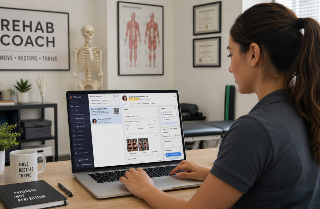 A rehab coach messaging a client through FitBudd's in-app communication tool, with the client's compliance data and completed exercise log visible on screen beside the chat window 
