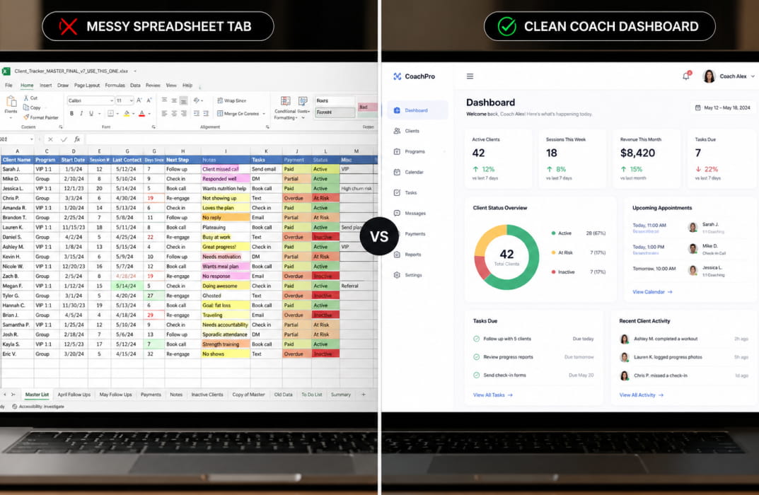  Split-screen of a messy spreadsheet tab vs. a clean coach dashboard on a laptop]